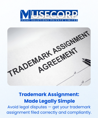 Trademark Assignment Agreement document with pen representing transfer of trademark ownership handled by Musecorp