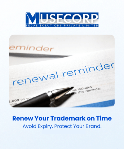 Trademark renewal document with official stamp representing brand protection extended by Musecorp